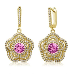 18K Yellow Gold Plated Silver Pink Created Sapphire Flower Dangle Earrings For - Picture 1 of 3