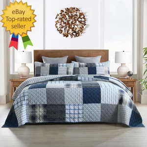 Queen Quilt Set Bedspread Reversible Plaid Grid Quilted Bedspread 3-Piece - Picture 1 of 1