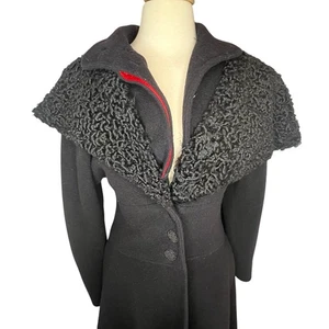 VTG Gianna Cassini Designer Curly Lamb MOD Maxi Coat Black Wool Italian Drape - Picture 1 of 15