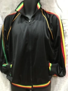 RASTA BLACK TRACKSUIT TOP WITH RED YELLOW GREEN STRIPES ON SLEEVES COLLAR & HEM - Picture 1 of 2
