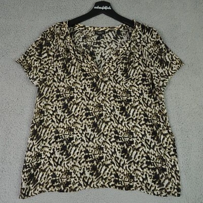 Talbots Top Womens 8 Black Brown Animal Print Silk V Neck Pleated Blouse Career - Image 1 of 4