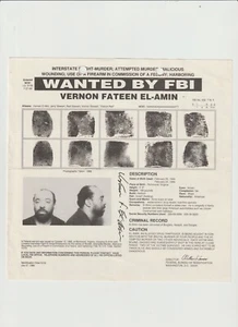 FBI WANTED POSTER VERNON FATEEN EL-AMIN -INTERSTATE FLIGHT-MURDER-FIREARM USE - Picture 1 of 2