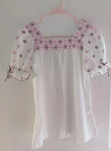 Judy Bond 70s Embroidered Womens Tunic Blouse Puffy Sleeve Square Neck Rare  - Picture 1 of 16
