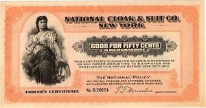PRE 1910 $.50 NATIONAL CLOAK & SUIT CO CERTIFICATE NEW YORK NOTE - Bild 1 von 2