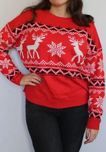 Brand New Ladies Bravesoul Reindeer Fairisle Christmas Jumper In Red & Black - Picture 1 of 4