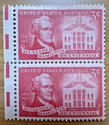 Scott #1086 - 3 Cent Stamp Alexander Hamilton & Federal Hall Block of 2 - Image 1 of 2