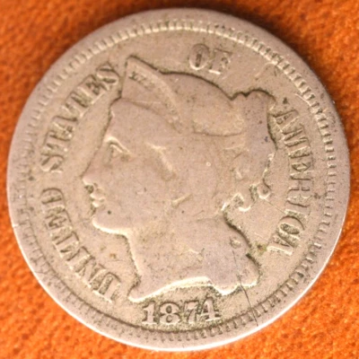 1874 Three Cent 3C Nickel  Fine   Actual Coin - Image 1 of 2