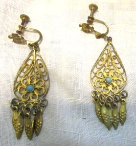 925 Silber Vermeil Filigran Ohrringe Türkis Akzent Schraubverschlüsse Vintage - Bild 1 von 8