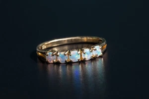 Eternity Australian Solid Round Opal Ring 14K Yellow Gold Wedding Band Rainbow - Picture 1 of 6