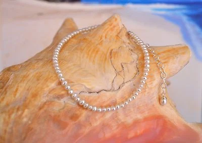 Preciosa tobillera blanca de agua dulce y plata esterlina .925 italiana de 10" a 12" Foto 1 de 4