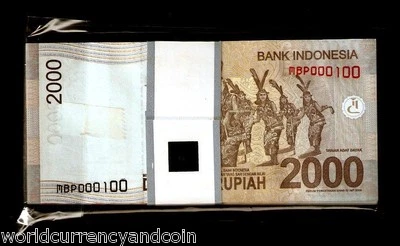 INDONESIA 2000 RUPIAH P-148 2012 SOLID LOW # 000001 to 100 FULL BUNDLE UNC NOTE - Image 1 of 2