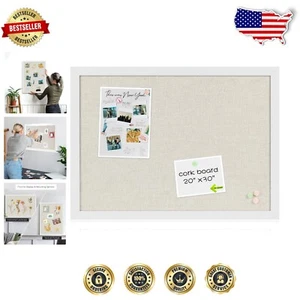 Linen & Wood Framed 30" x 20" White Cork Board with Pushpins Included - Picture 1 of 10