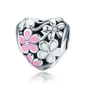 Charm Perle 925 Silber Herz Blumen Steinchen - Anhänger für Pandora Armband - Bild 1 von 2