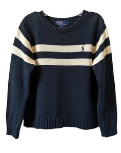 Kids POLO Ralph Lauren Sweater Cotton Navy Cream Striped Crewneck Size 6 - Picture 1 of 4