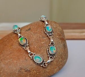 Opal Rainbow Gemstone  Bracelet 925 Sterling Silver Beautiful Adjustable PG317
