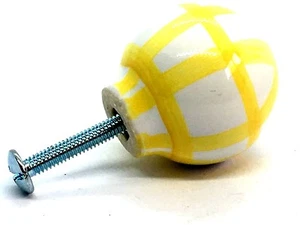 ROUND PLAID KNOBS 30mm yellow and white ceramic cupboard cabinet door knob (78) - Picture 1 of 5