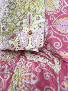 5 Pc Darling Summer Floral OS Queen Quilt Shams Pink Green Ruffle MOP BUTTONS - Picture 1 of 24