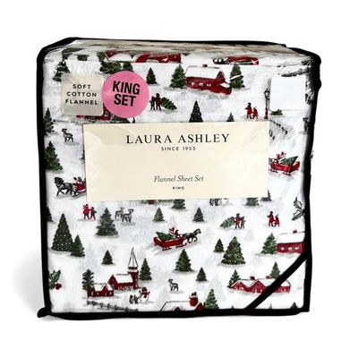 Laura Ashley HOLIDAY VILLAGE Cotton Flannel Sheet Set KING SIZE Christmas Winter - Image 1 of 3