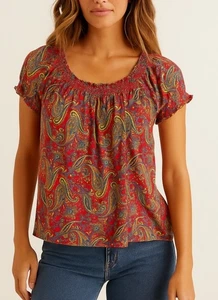 Lauren Ralph Lauren Damen Rot Paisley Top Gr. 2X Gesmokt Kurzarm Baumwolle - Bild 1 von 8