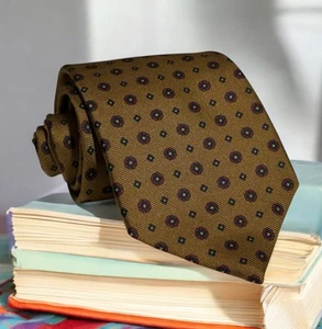 LUXURY! Vintage Etro Gold Burgundy Navy Blue Geometric Silk Necktie Made in USA - Picture 1 of 16