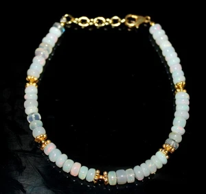 Ethiopian Opal Bead Bracelet 8" Welo Fire Opal Gemstone Bead 925 Sterling Silver - Picture 1 of 4