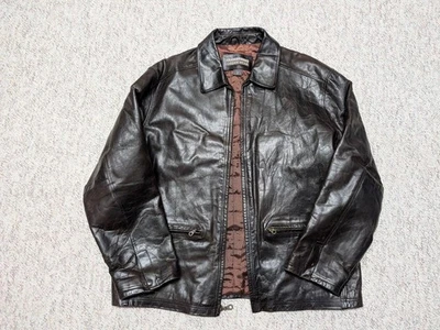 vintage 1990s leather jacket XL brown MOTORCYCLE stiff cowhide Y2K structure - Image 1 of 4