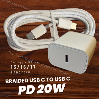 USB C 转 USB C 适用于 iPhone 15 16 17 三星 PD 20W 快速充电器 立方体编织线 — 第 1/4 张图片