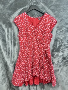 J. Crew Mercantile Red Floral Faux-Wrap Mini Dress Cap Sleeves Ruffle Sz L (12) - Picture 1 of 11