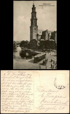 Amsterdam Stadtteilansicht Tram Straßenbahn Prinsengracht en Westertoren 1908 - Bild 1 von 3
