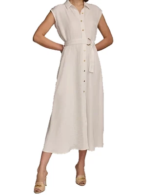 Donna Karan DKNY Women's Polyester Button-Front Tie-Waist Dress, Cream, Large - Image 1 of 4