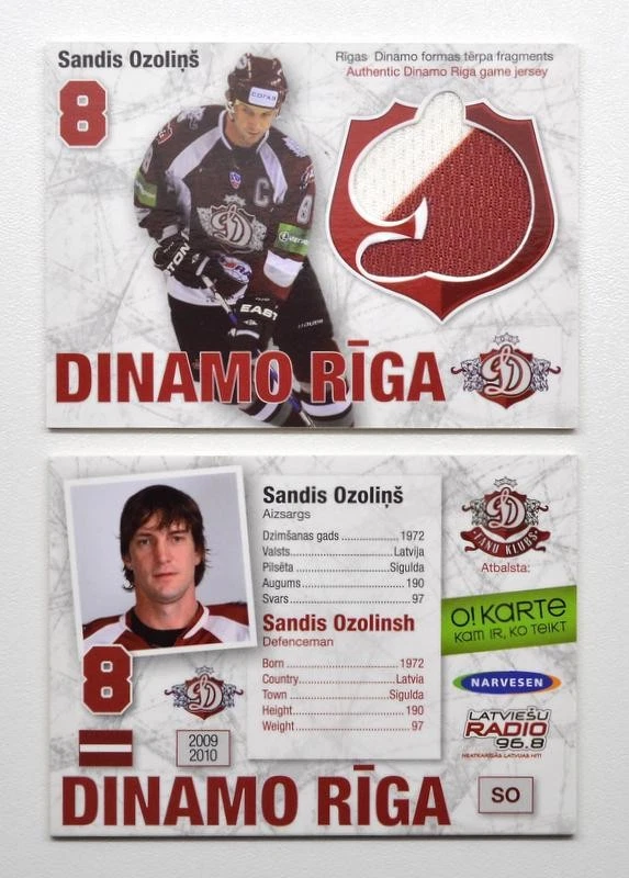 Tarjeta de camiseta KHL Dinamo Riga 2009-10 #SO Sandis Ozolinsh Foto 1 de 1