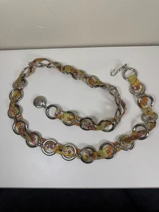 Vintage 70s Chain Loop Hip Belt Silver Rhinestone Studs Fabric Groovy Mod Disco - Picture 1 of 6