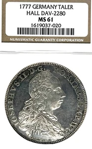 German States SCHWABISCH HALL 1777 Taler Coin Thaler NGC MS 61 VZ/F.STG UNC RARE - Picture 1 of 3