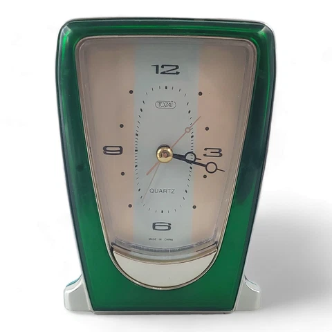 Vintage Tozaj MCM Retro Quartz Desk Alarm Clock Jade Green & Silver Cover