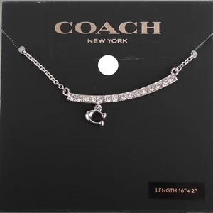 COACH Pave Signature C Bar Necklace Silver-Tone White Gold Plated Brass 16” + 2” - Picture 1 of 5