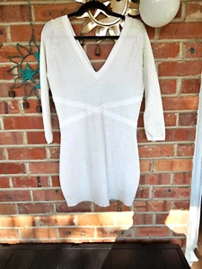 NWT Bebe Bandage Bodycon Dress Ivory Metallic 3/4 Sleeves SZ Large - Picture 1 of 7