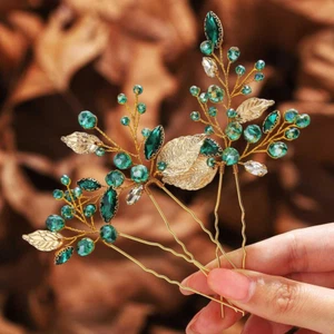 Latious Emerald Green Bride Wedding Rhinestones Hair Pins Gold Leaf Bridal Hair - Picture 1 of 12
