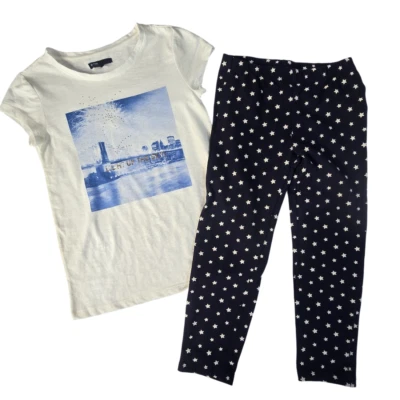 Gap Kids Girls 2pc Outfit L/10 Light Up the Sky Cityscape Tee Navy Star Leggings - Image 1 of 4