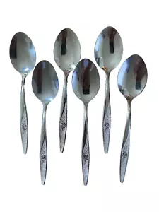 Utica SATIN ROSE Stainless Teaspoons Textured Floral Handle USA 6" Lot of 6 - Picture 1 of 11