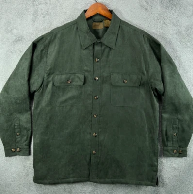 St Johns Bay Mens Large Green Suede Shacket Quilted Line Shirt Button Up Collard - Image 1 of 4