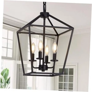 4 Light Chandelier, Industrial Ceiling Light Black Lantern Light Fixtures with - Picture 1 of 7