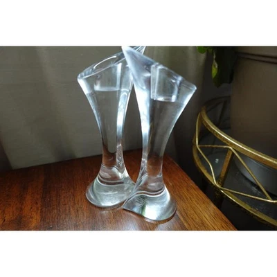 Orrefors Crystal Candle Stick Holder  Pair Signed Art Glass Modern Scandinavian - Image 1 of 4