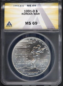 1991-D $1 Silver Korean War Dollar MS 69 ANACS # 7696069 + Bonus - Picture 1 of 4