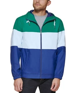 Club Room Men's Rubberized Lightweight Hooded Rain Jacket in Navy/Green/Ivory-L - Picture 1 of 5