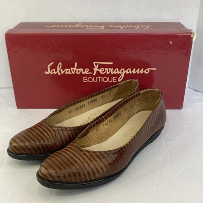 Salvatore Ferragamo Boutique Strana Marrón Bronceado Becerro Lagarto Ballet Plano Talla 5,5B Foto 1 de 4