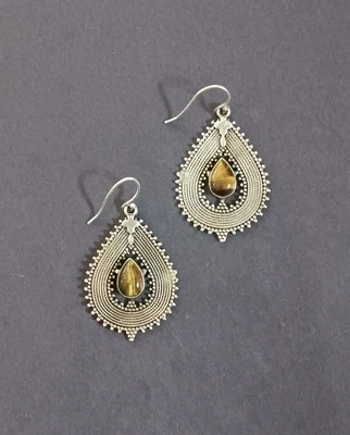 Pendientes colgantes Tíbet Árbol de la Vida lágrima ojo de tigre tono plateado 2" nuevos  Foto 1 de 4