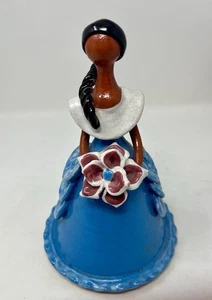 Faceless Terracotta Lady In  Blue Ruffled Dress Flower Bouquet Pottery Figure 7" - Picture 1 of 5