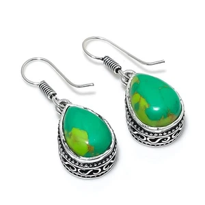Copper Turquoise Gemstone Handmade 925 Sterling Silver Jewelry Earring Size 1.4" - Picture 1 of 1