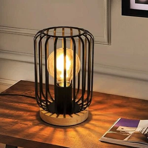 Industrial Metal Table Lamp Cage LED Bedside Desk Lamp Light Bedroom Bar Wooden - Picture 1 of 11