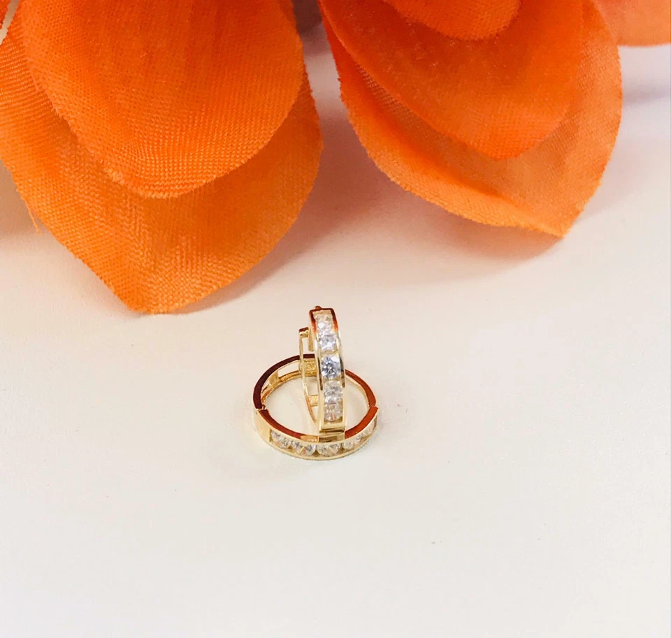 10K Real Yellow Gold CZ Small Dainty Little Huggie Earrings Baby Women Men 9x9mm - Image 1 of 4